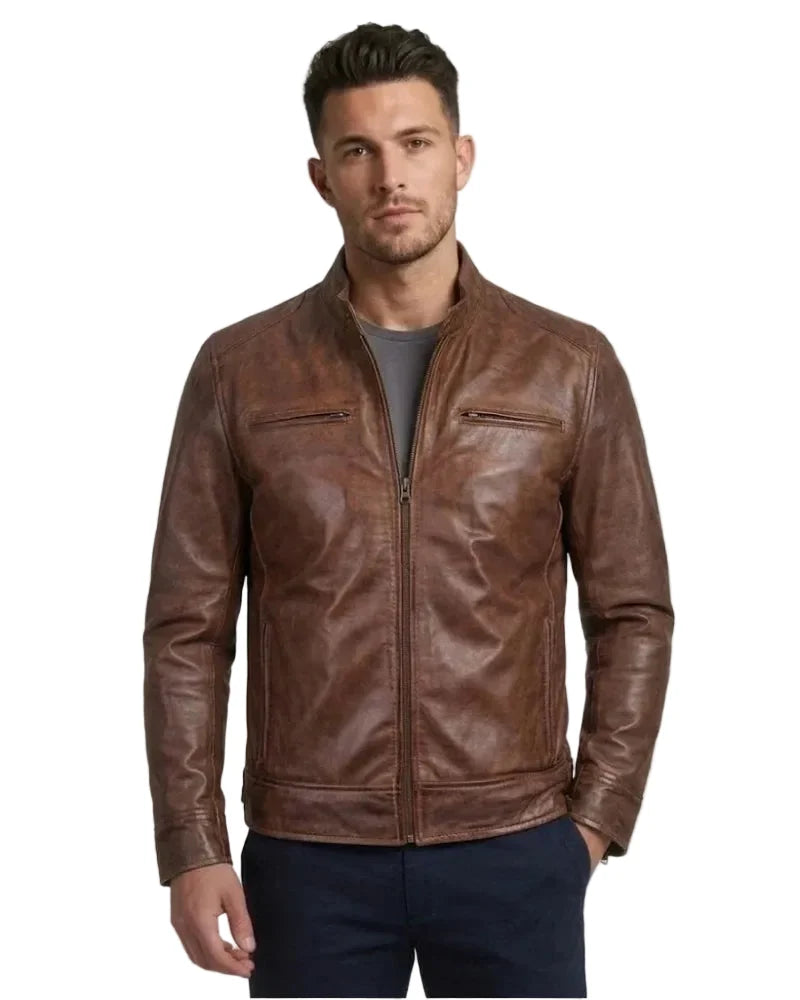 Sowachi Tyson - Men Cognac Cafe Racer Leather Jacket