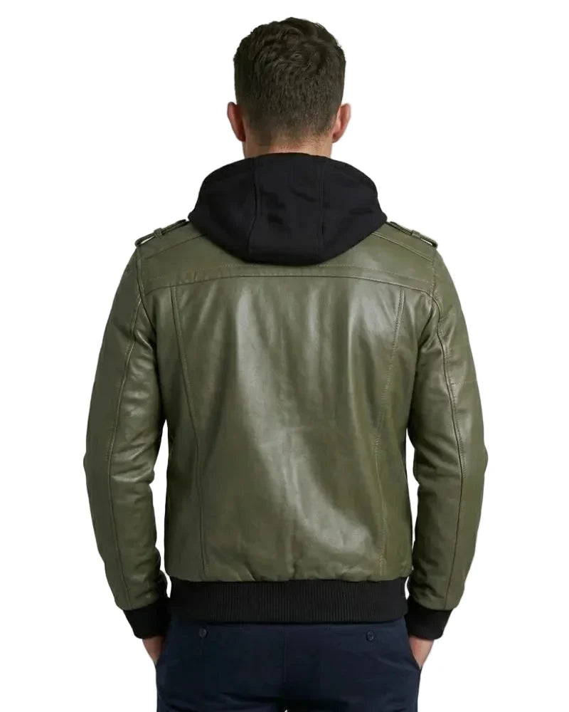 Sowachi Teldric - Men Green Leather Bomber Jacket with Removable Hood