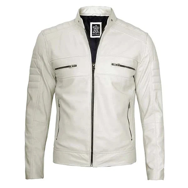 Sowachi Zorven - Men Off White Padded Motorcycle Leather Jacket