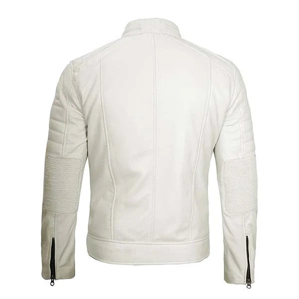 Sowachi Zorven - Men Off White Padded Motorcycle Leather Jacket