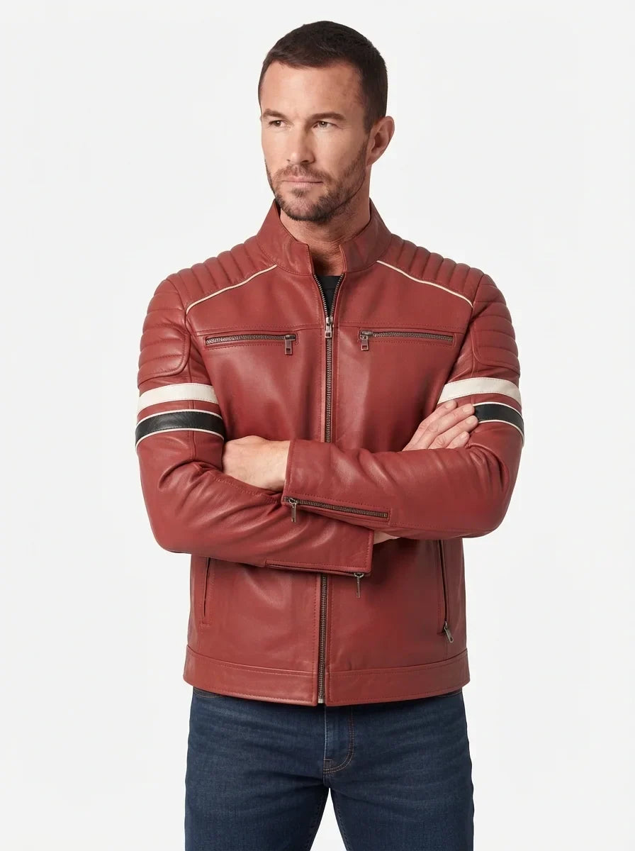 Sowachi Jason - Men Red Cafe Racer Leather Jacket With Stripes