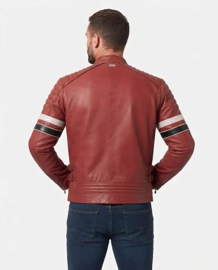 Sowachi Jason - Men Red Cafe Racer Leather Jacket With Stripes