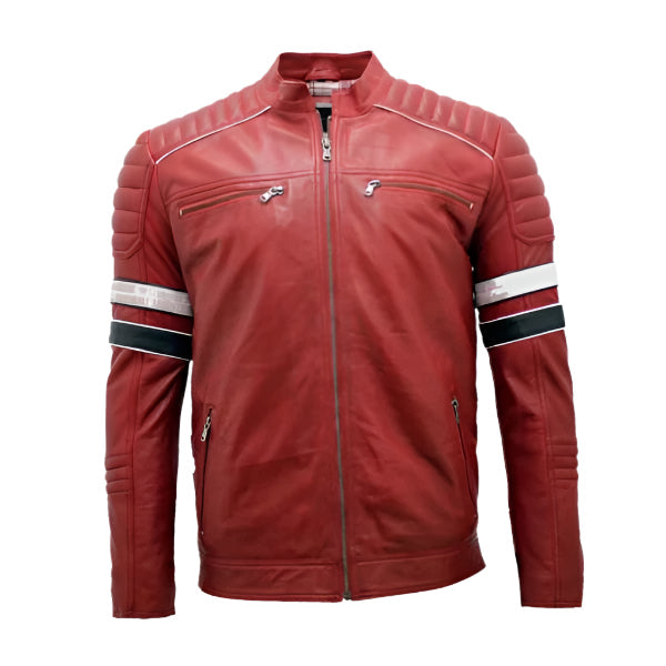 Sowachi Jason - Men Red Cafe Racer Leather Jacket With Stripes