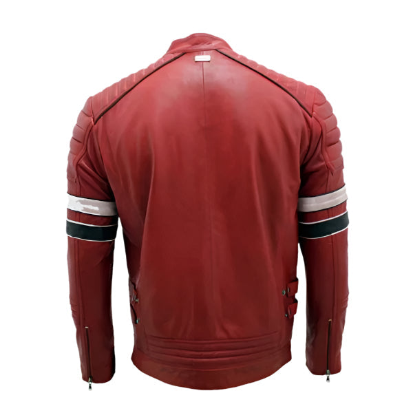 Sowachi Jason - Men Red Cafe Racer Leather Jacket With Stripes