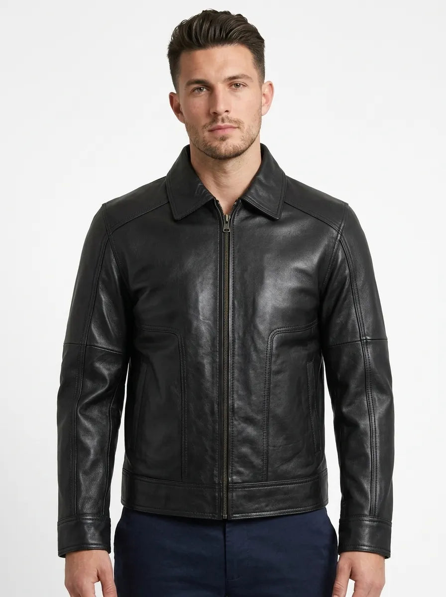 Sowachi Men Sheepskin Leather Black Harrington Jacket