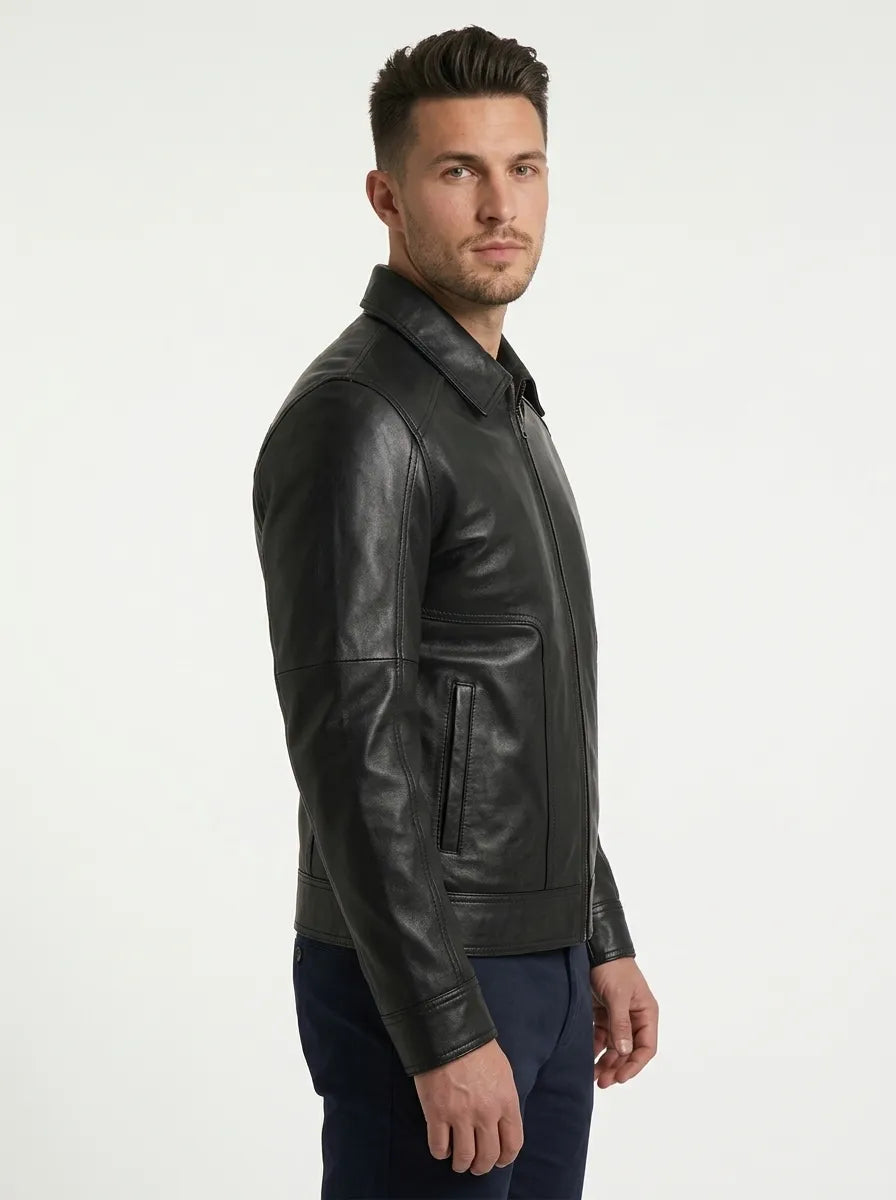 Sowachi Men Sheepskin Leather Black Harrington Jacket