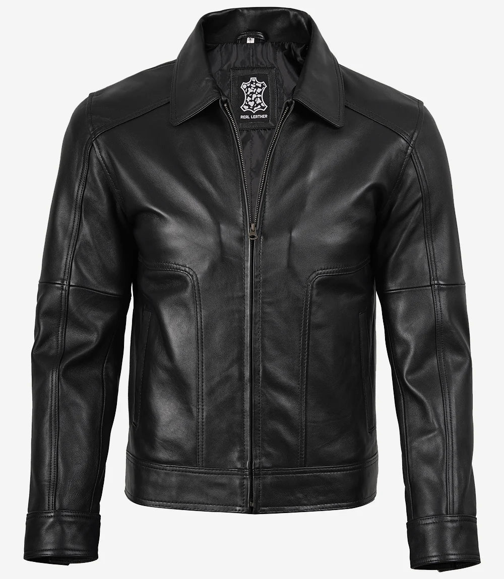 Sowachi Men Sheepskin Leather Black Harrington Jacket