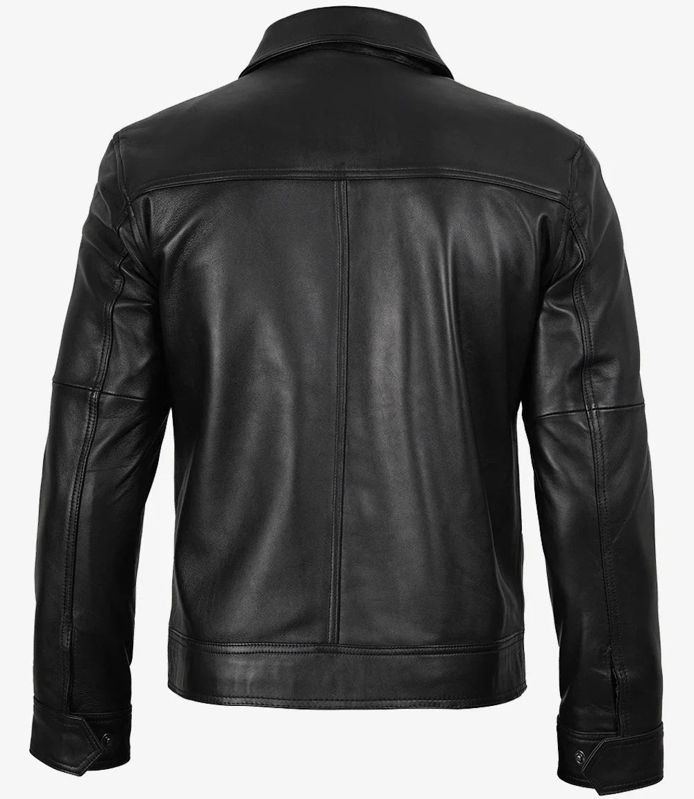 Sowachi Men Sheepskin Leather Black Harrington Jacket