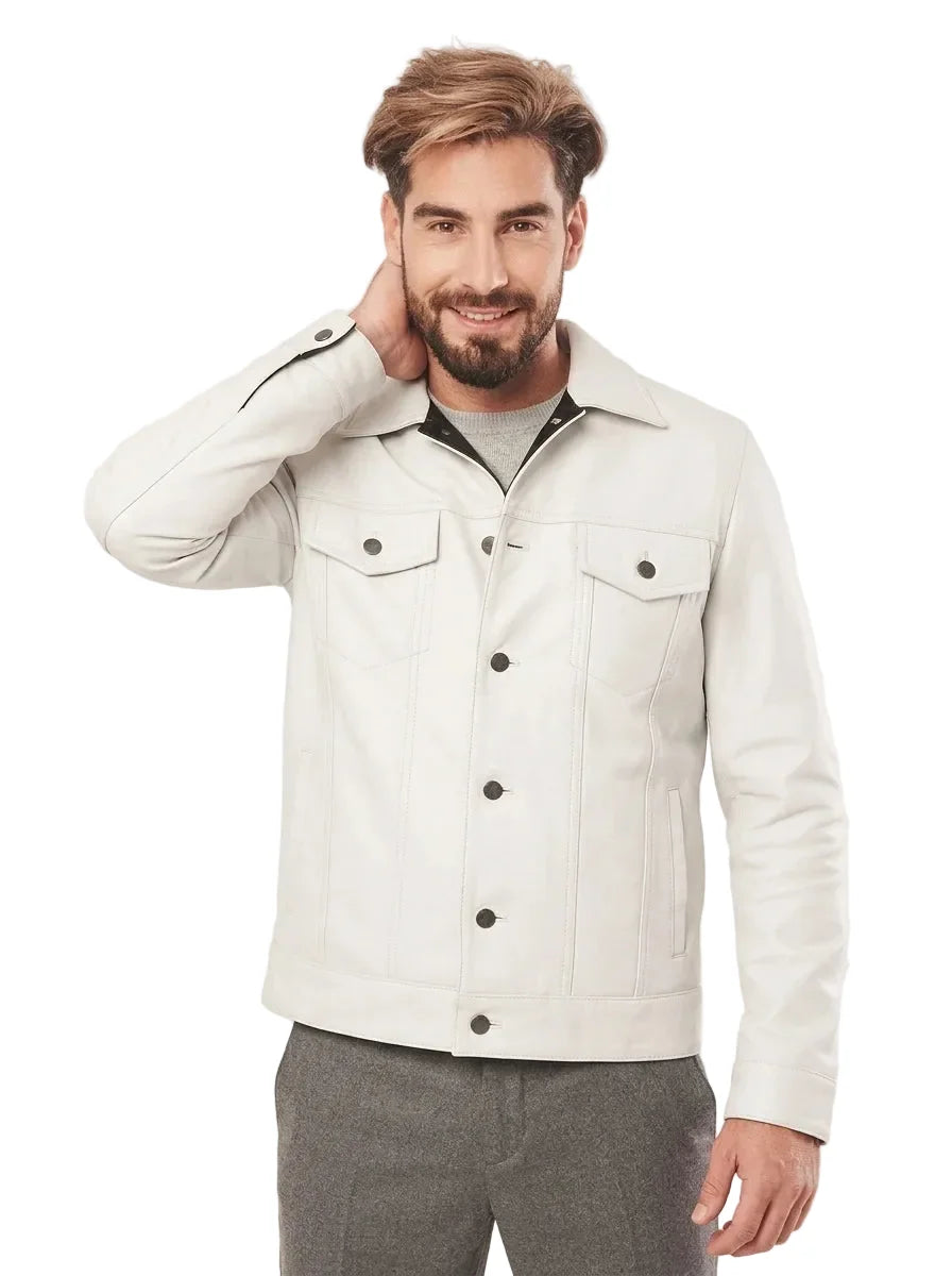 Sowachi Seldren - Men White Trucker Real Sheepskin Leather Jacket