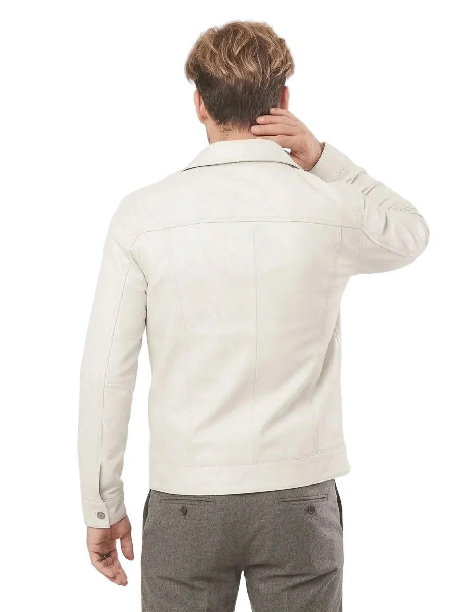 Sowachi Seldren - Men White Trucker Real Sheepskin Leather Jacket