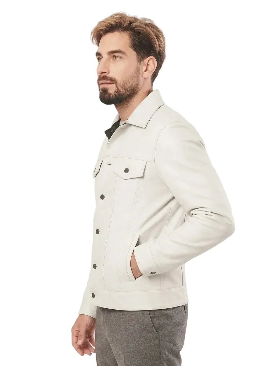 Sowachi Seldren - Men White Trucker Real Sheepskin Leather Jacket