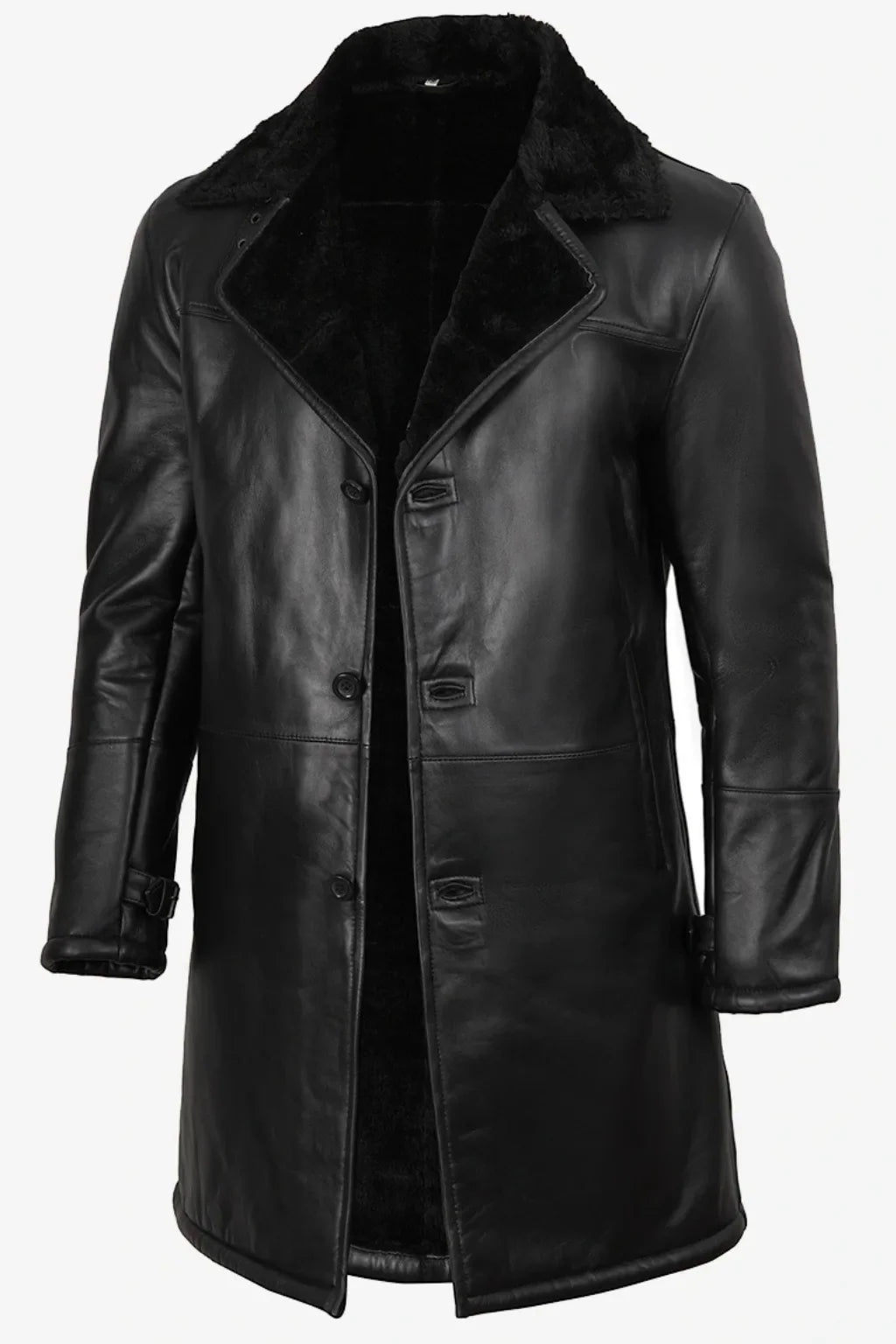 Sowachi Men's 3/4 Length Black Sheepskin Leather Shearling Coat