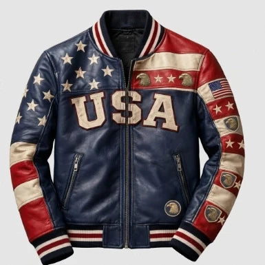 Sowachi Men's American Flag Sheepskin Leather Jacket