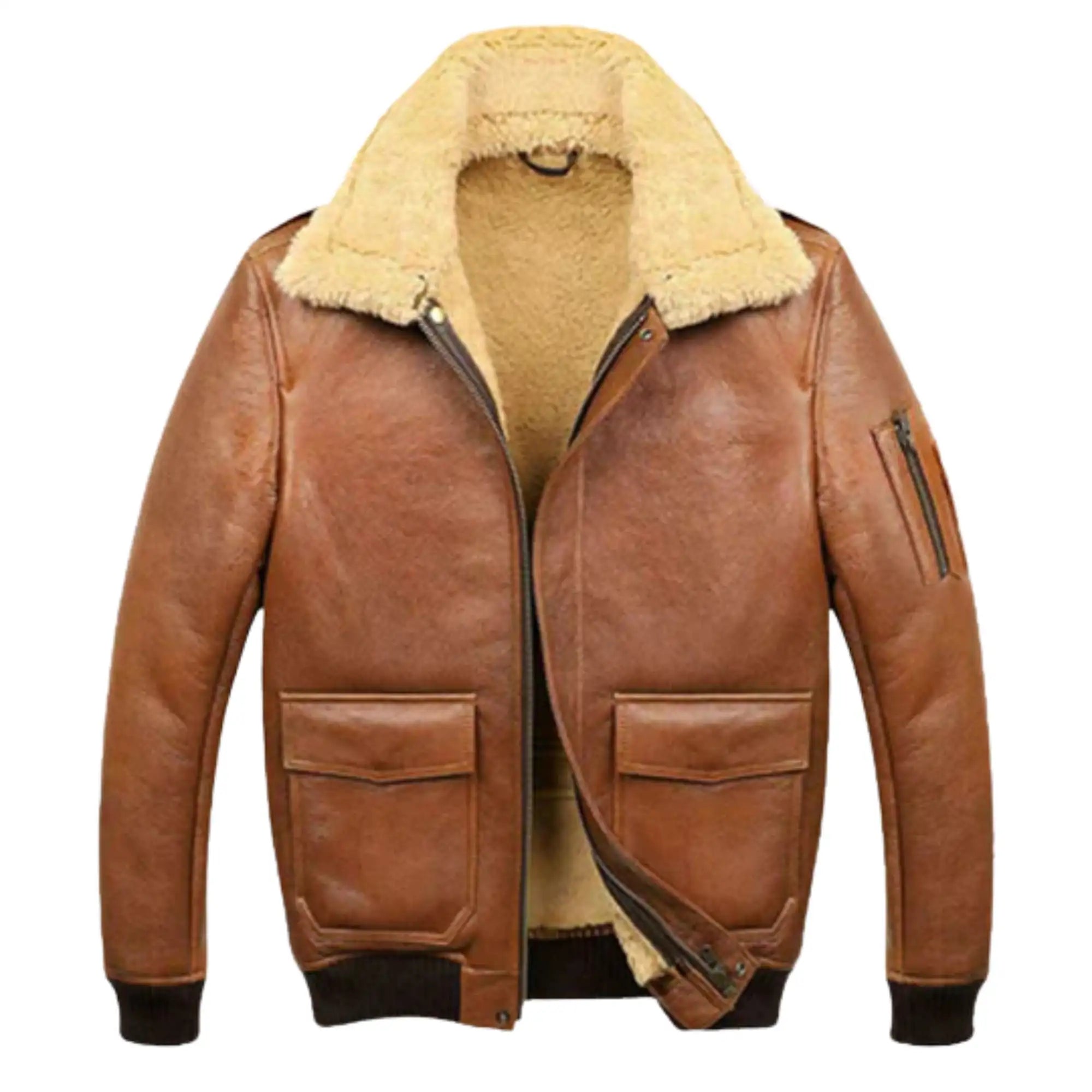 Sowachi Men’s Aviator Camel Brown B2 Fur Shearling Leather Jacket