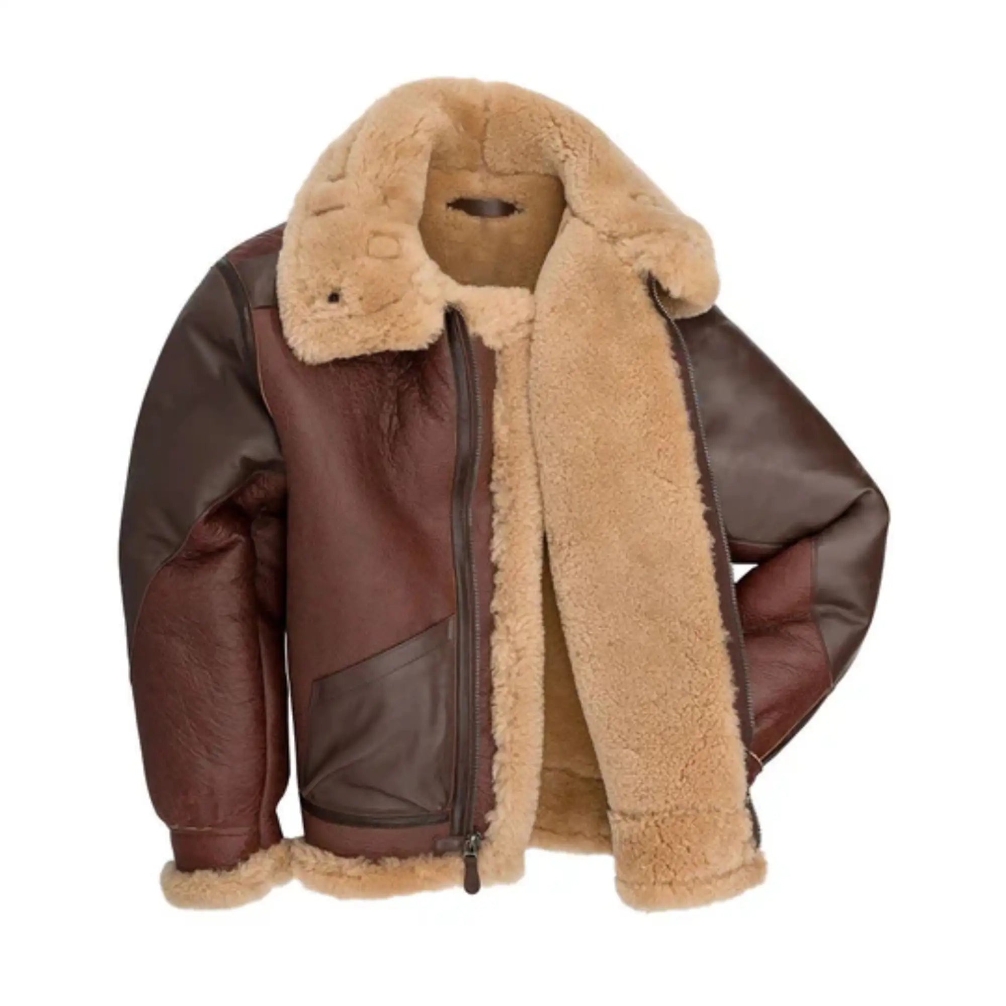 Sowachi Men's B3 Bomber Style Brown Shearling Leather Jacket