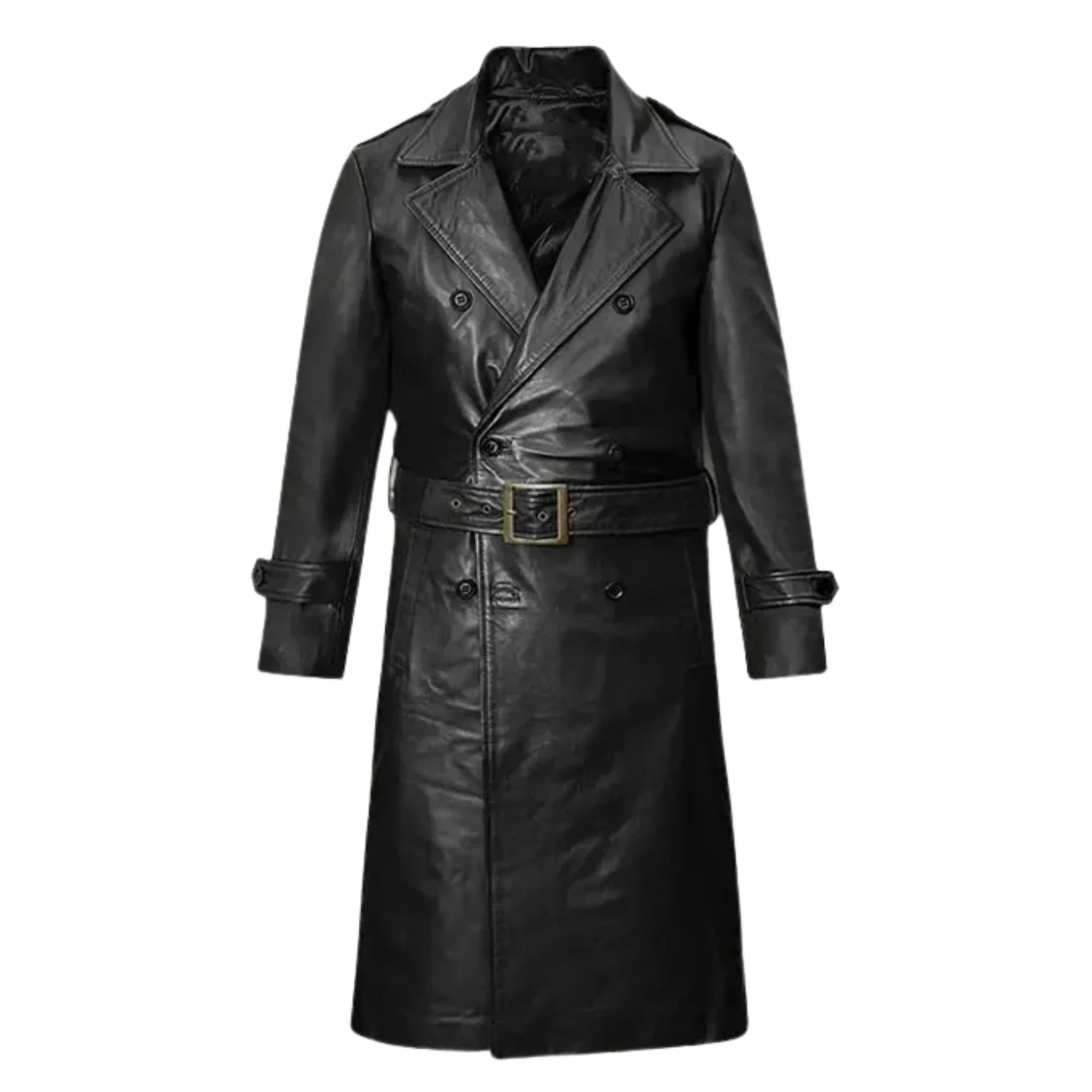 Sowachi Men's Belted Black Leather Long Trench Coat