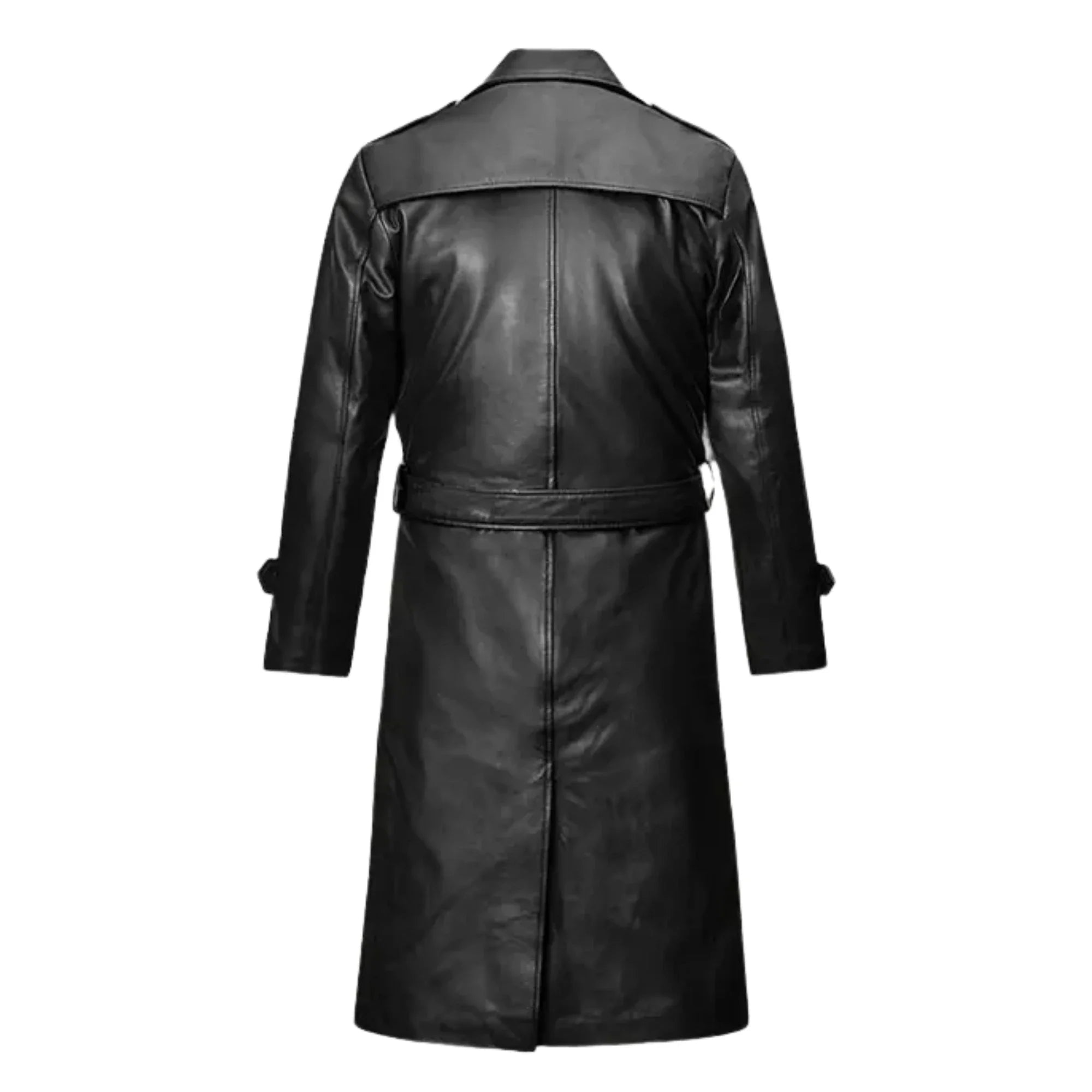 Sowachi Men's Belted Black Leather Long Trench Coat