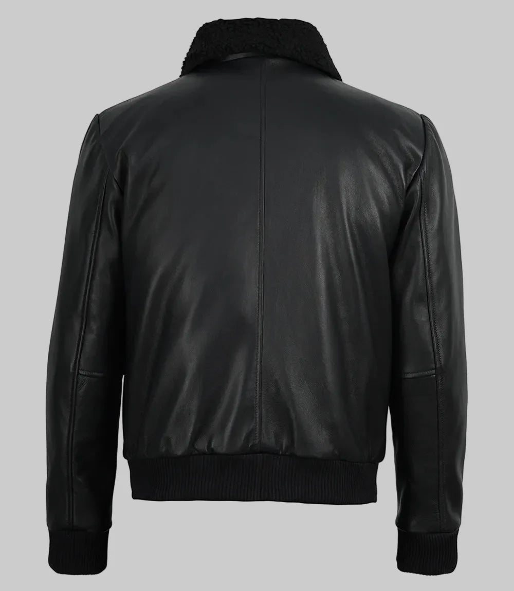 Sowachi Nikolas - Men's Black Aviator Bomber Leather Jacket with Faux Fur Collar