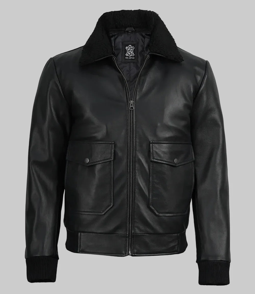 Sowachi Nikolas - Men's Black Aviator Bomber Leather Jacket with Faux Fur Collar