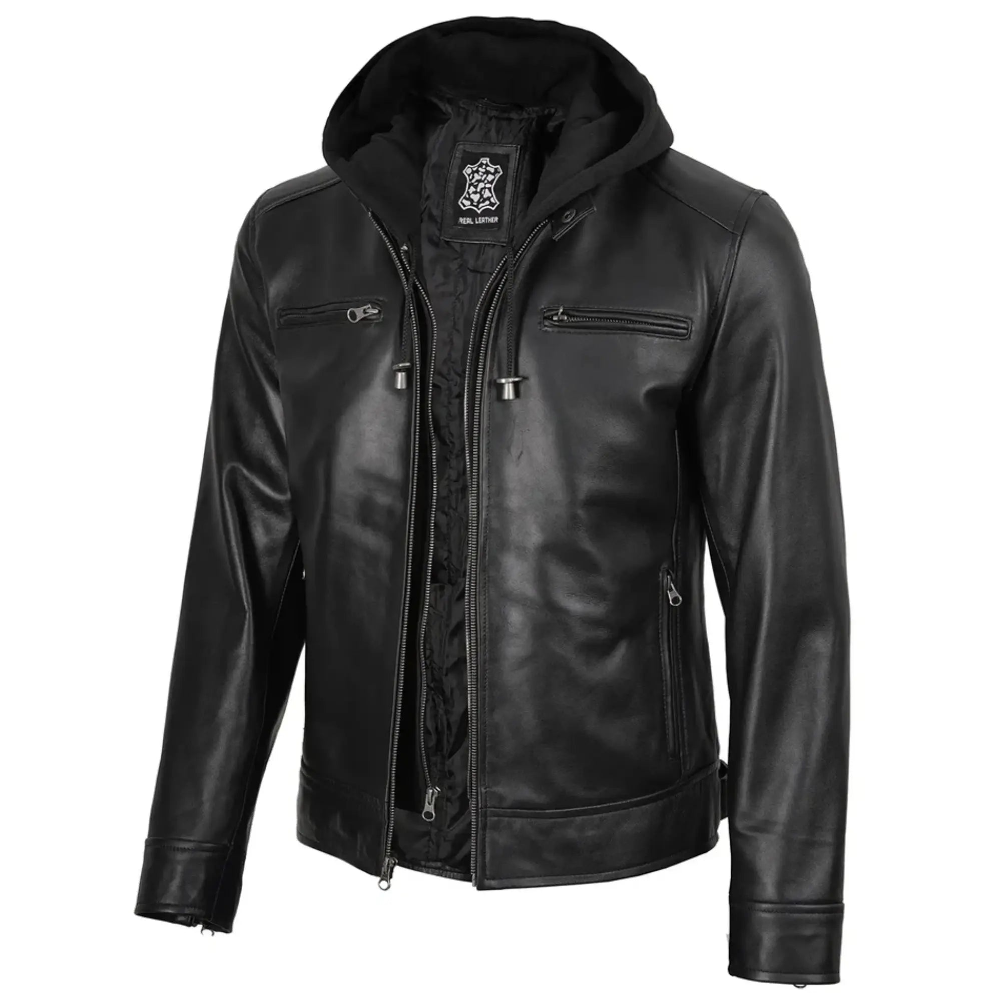 Waldren - Men's Black Biker Style Leather Jacket with Removable Hood