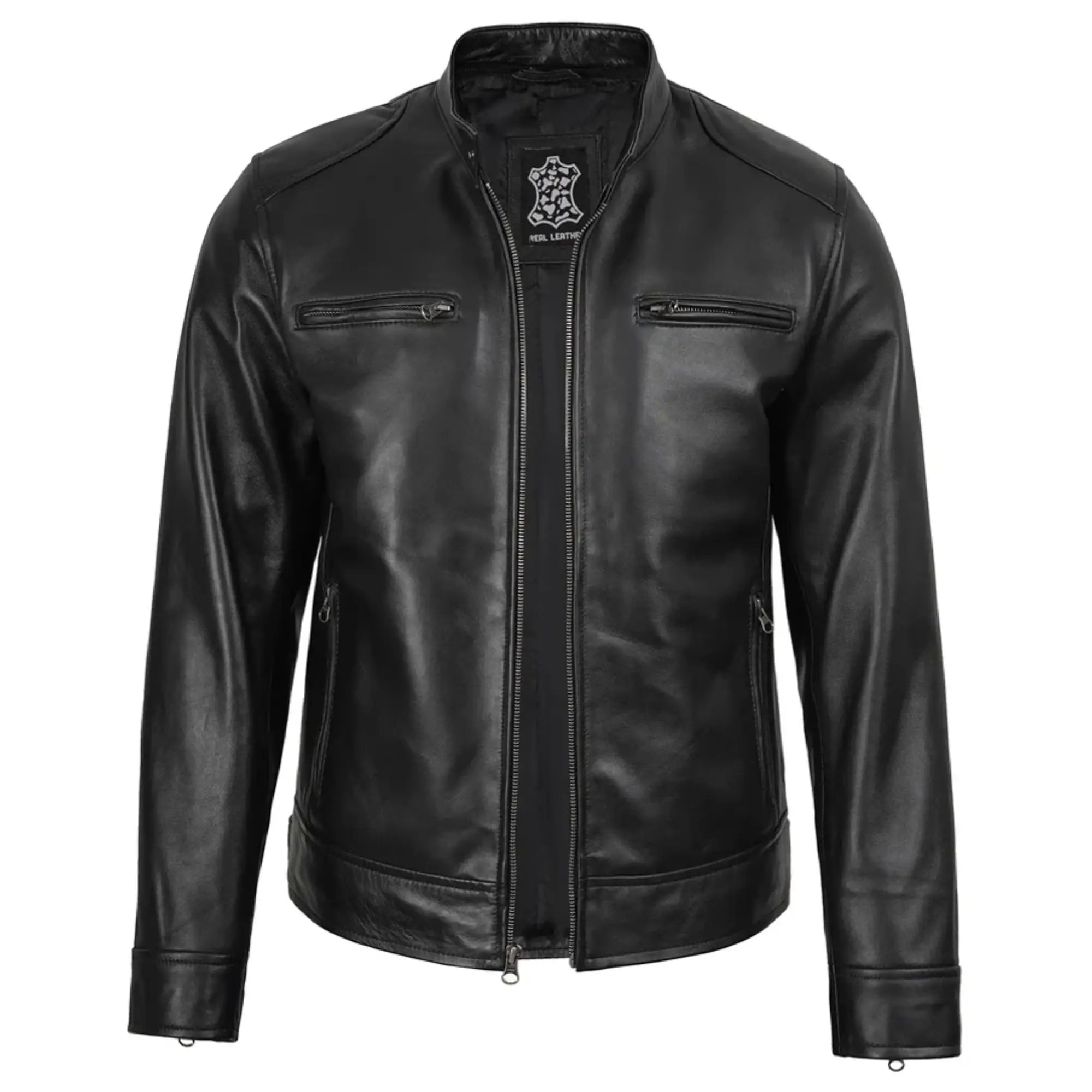 Waldren - Men's Black Biker Style Leather Jacket with Removable Hood