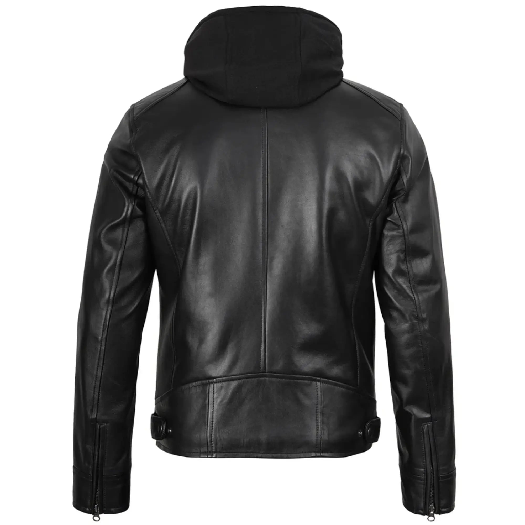 Waldren - Men's Black Biker Style Leather Jacket with Removable Hood