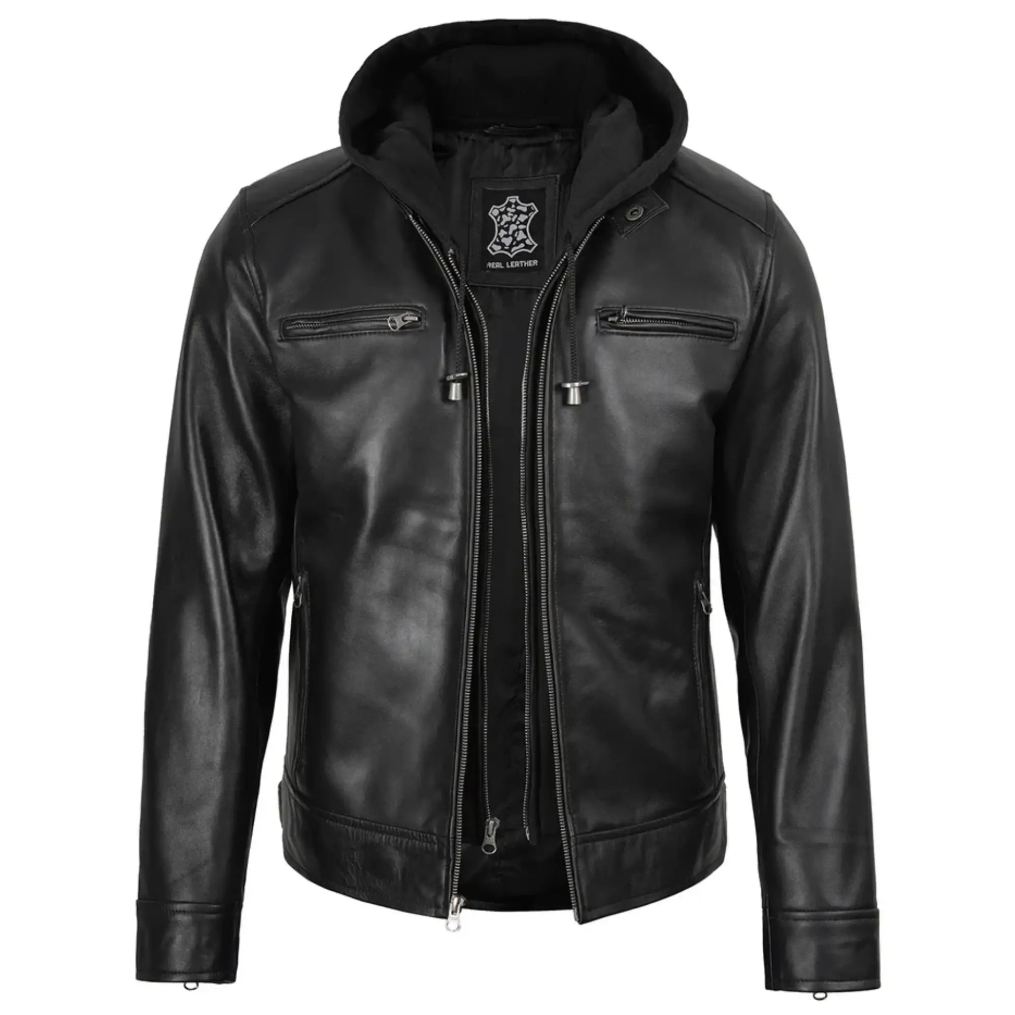 Waldren - Men's Black Biker Style Leather Jacket with Removable Hood