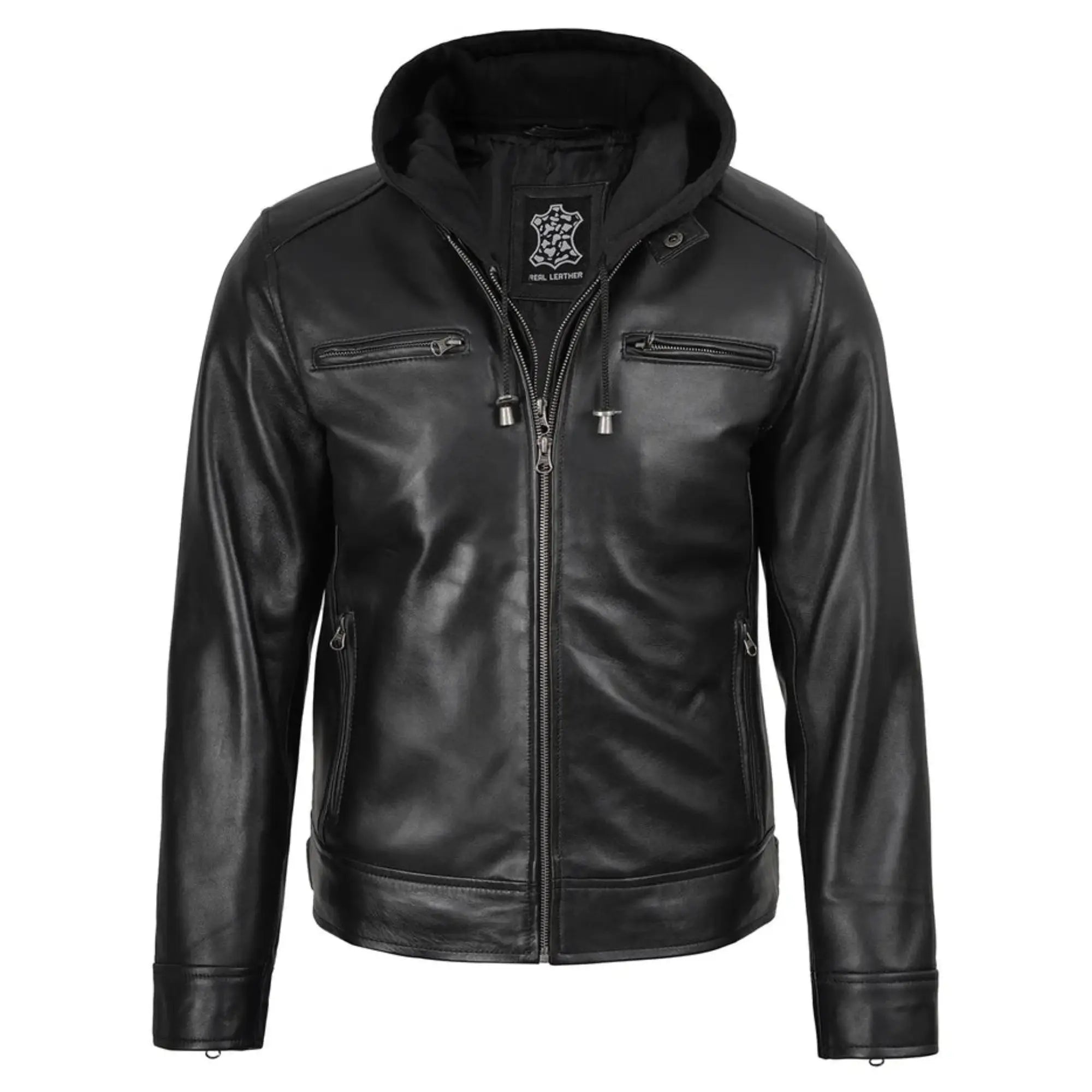 Waldren - Men's Black Biker Style Leather Jacket with Removable Hood