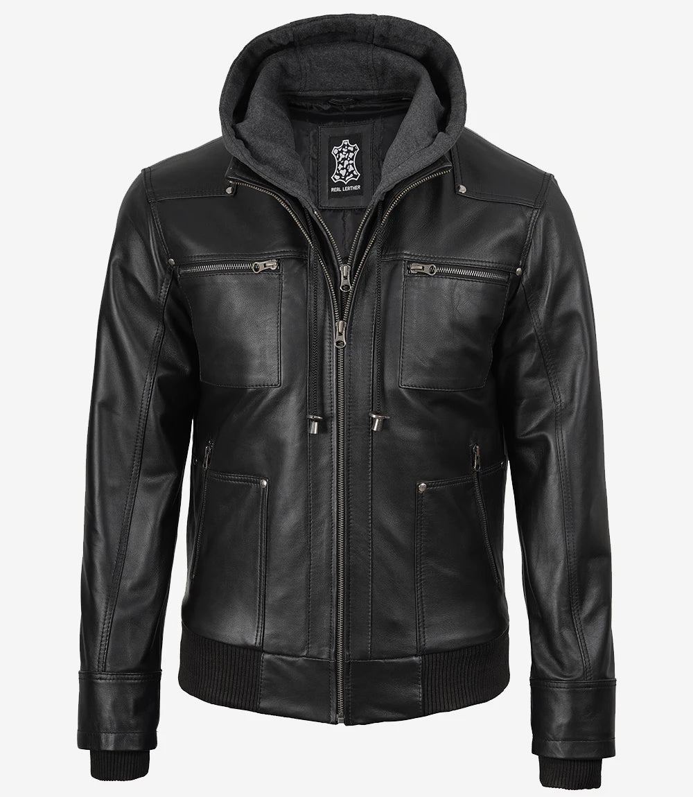 Sowachi Men's Black Bomber Leather Jacket with Removable Gray Hood