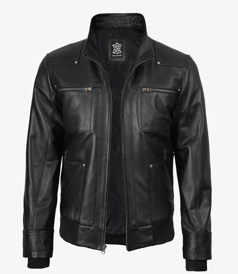 Sowachi Men's Black Bomber Leather Jacket with Removable Gray Hood