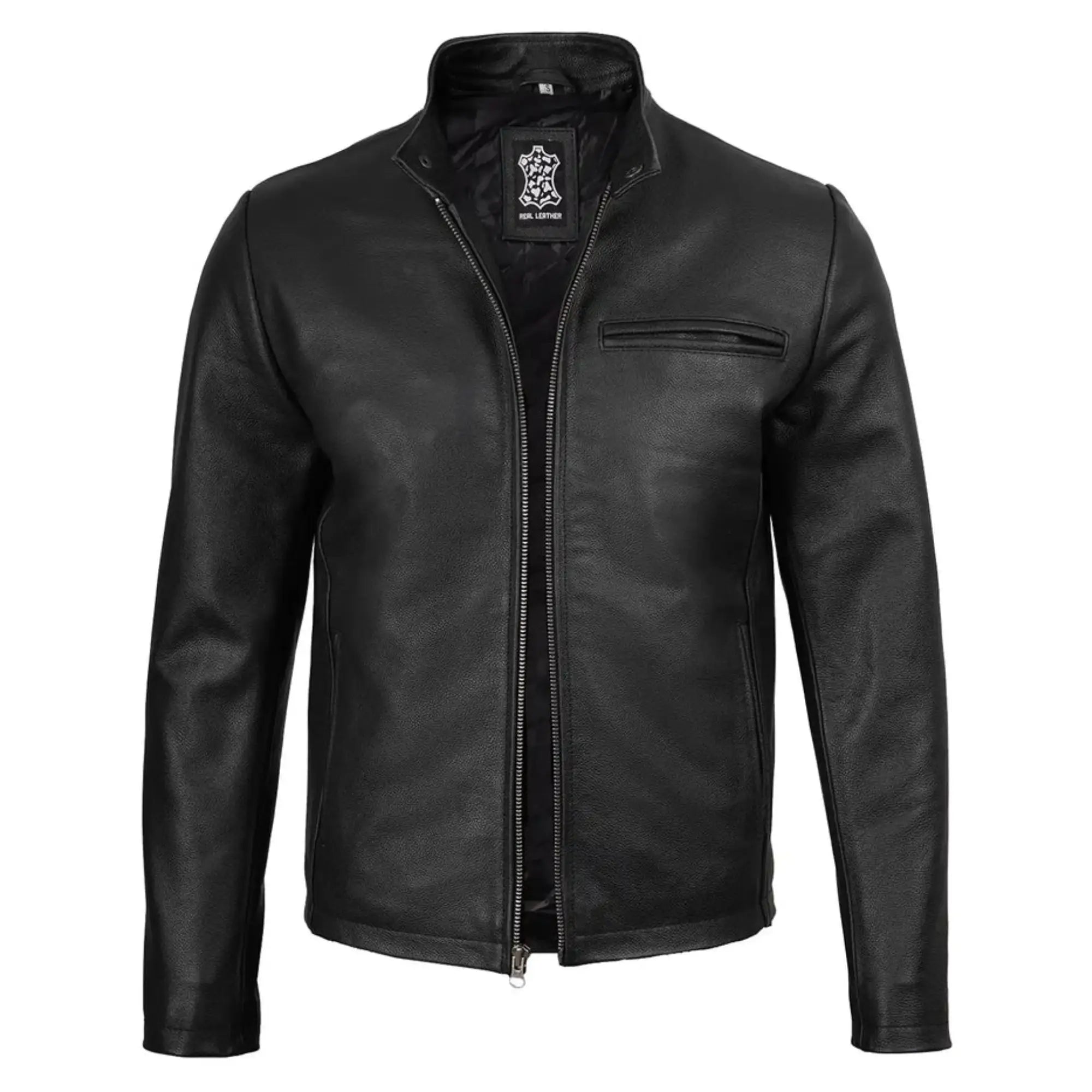 Sowachi Men's Black Cowhide Leather Cafe Racer Jacket