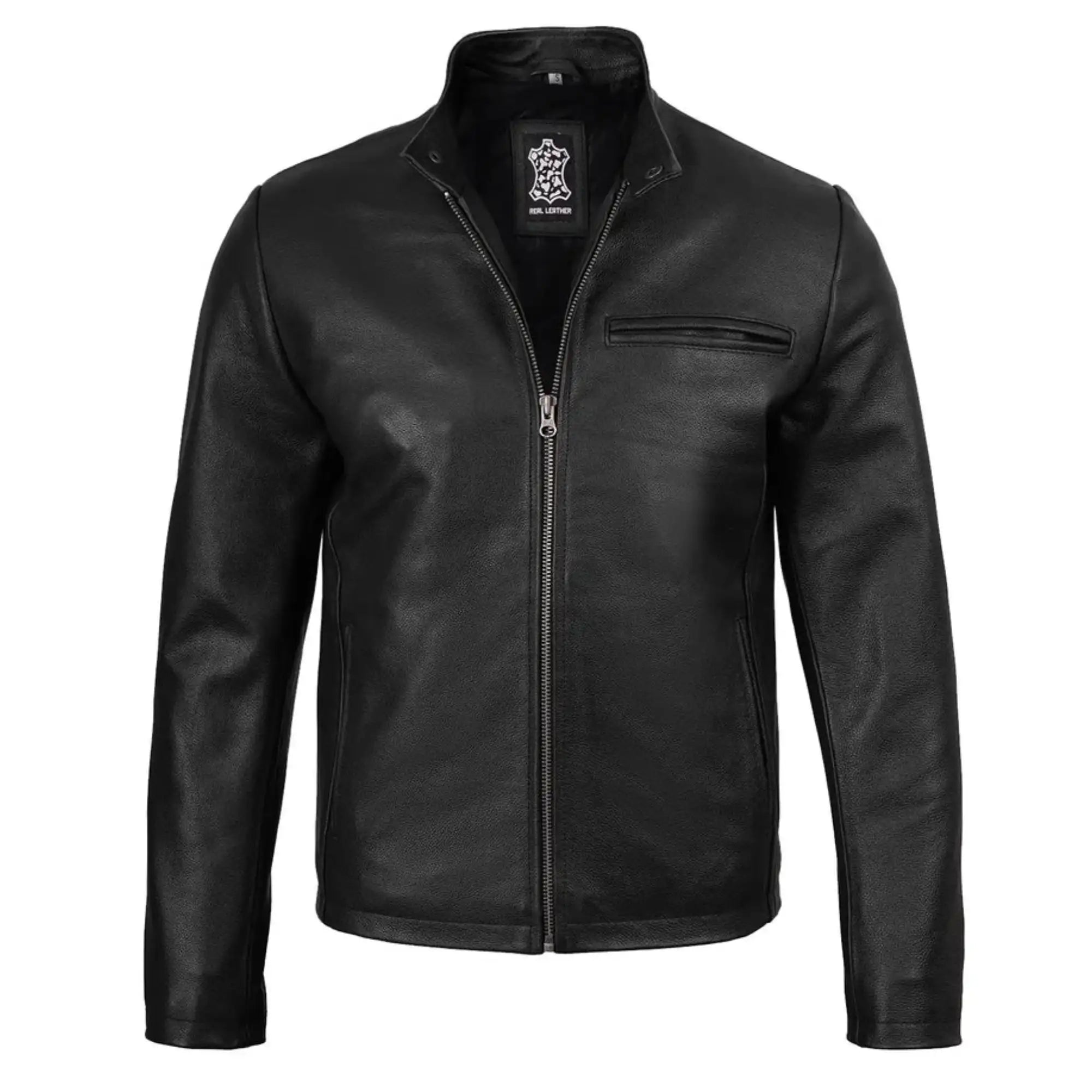 Sowachi Men's Black Cowhide Leather Cafe Racer Jacket