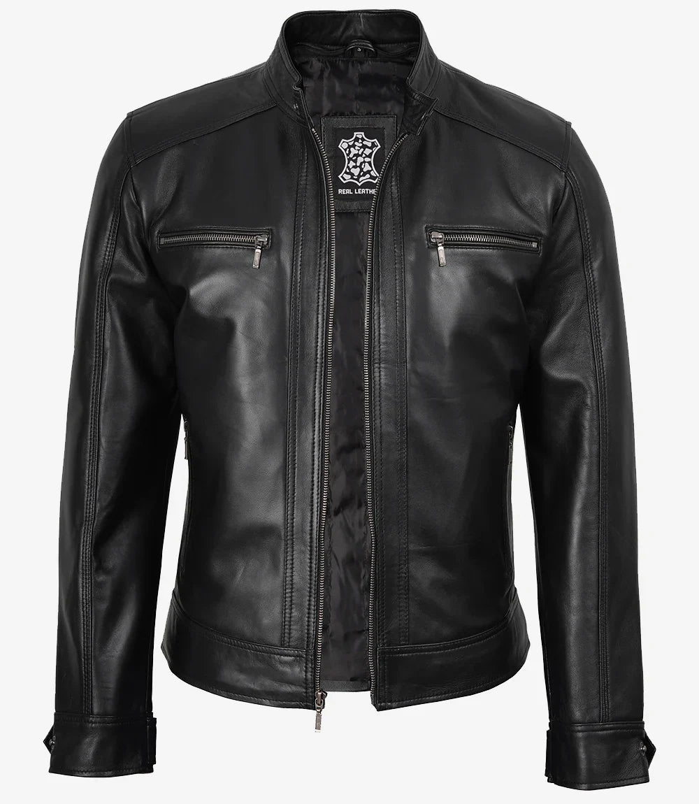 Sowachi Men's Black Hooded Leather Jacket with Detachable Hood