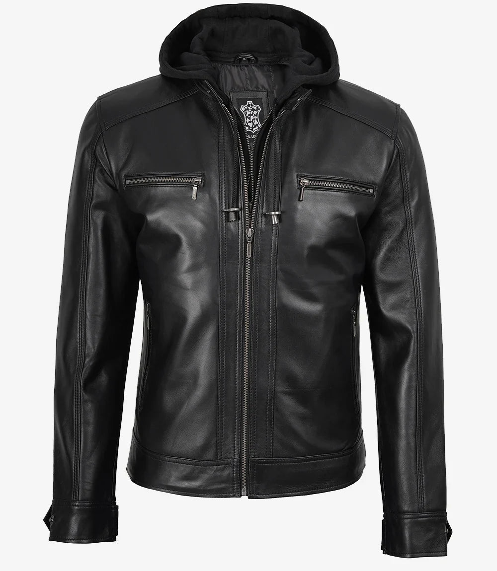 Sowachi Men's Black Hooded Leather Jacket with Detachable Hood