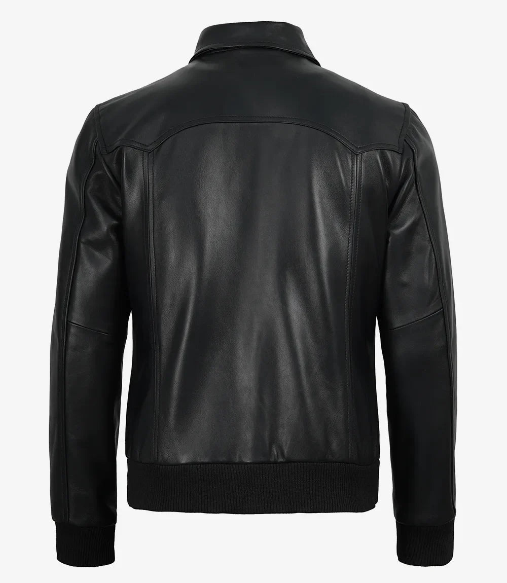 Sowachi Men's Black Leather Bomber Jacket with Shirt Collar