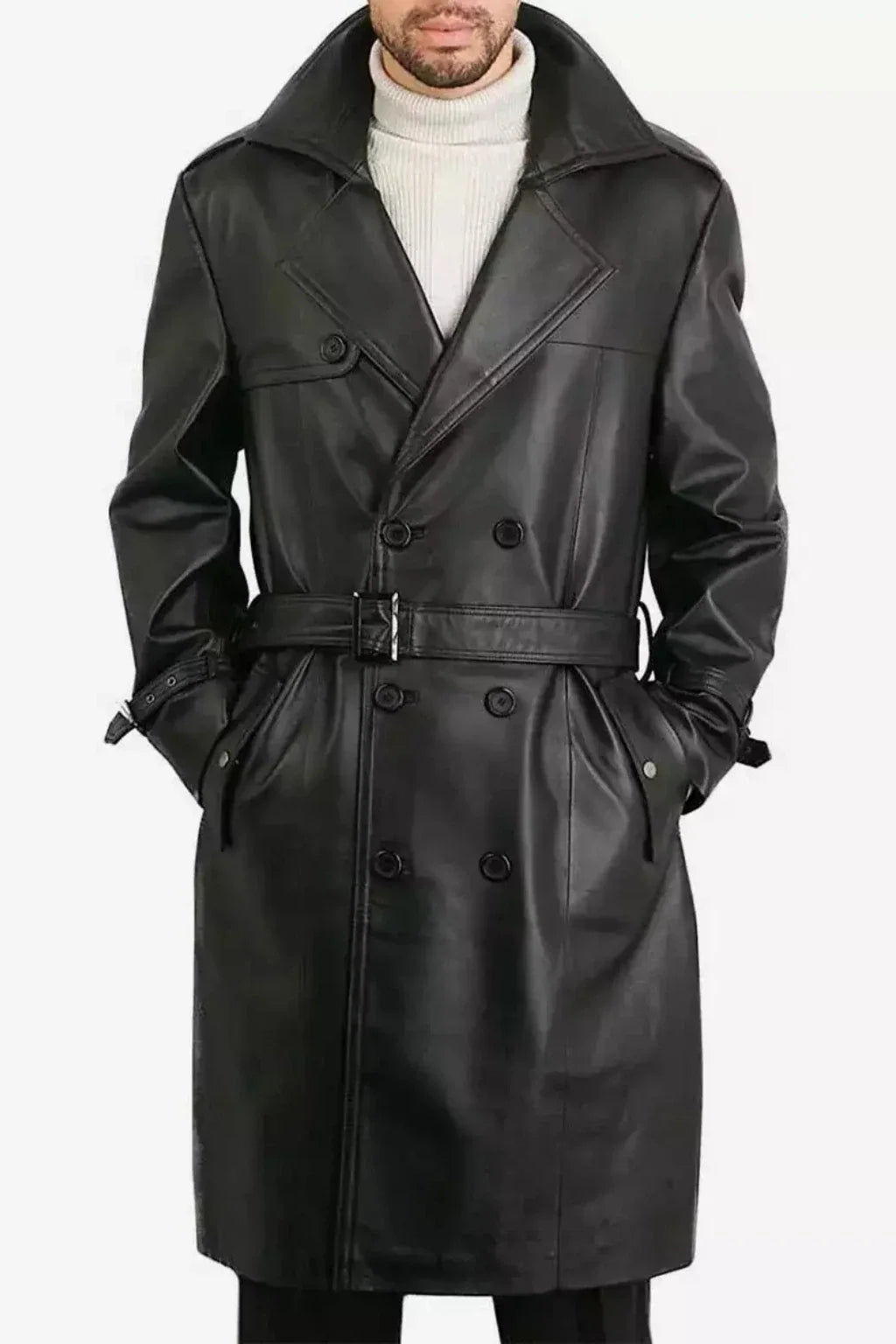 Sowachi Men's Long Length Black Sheepskin Leather Coat