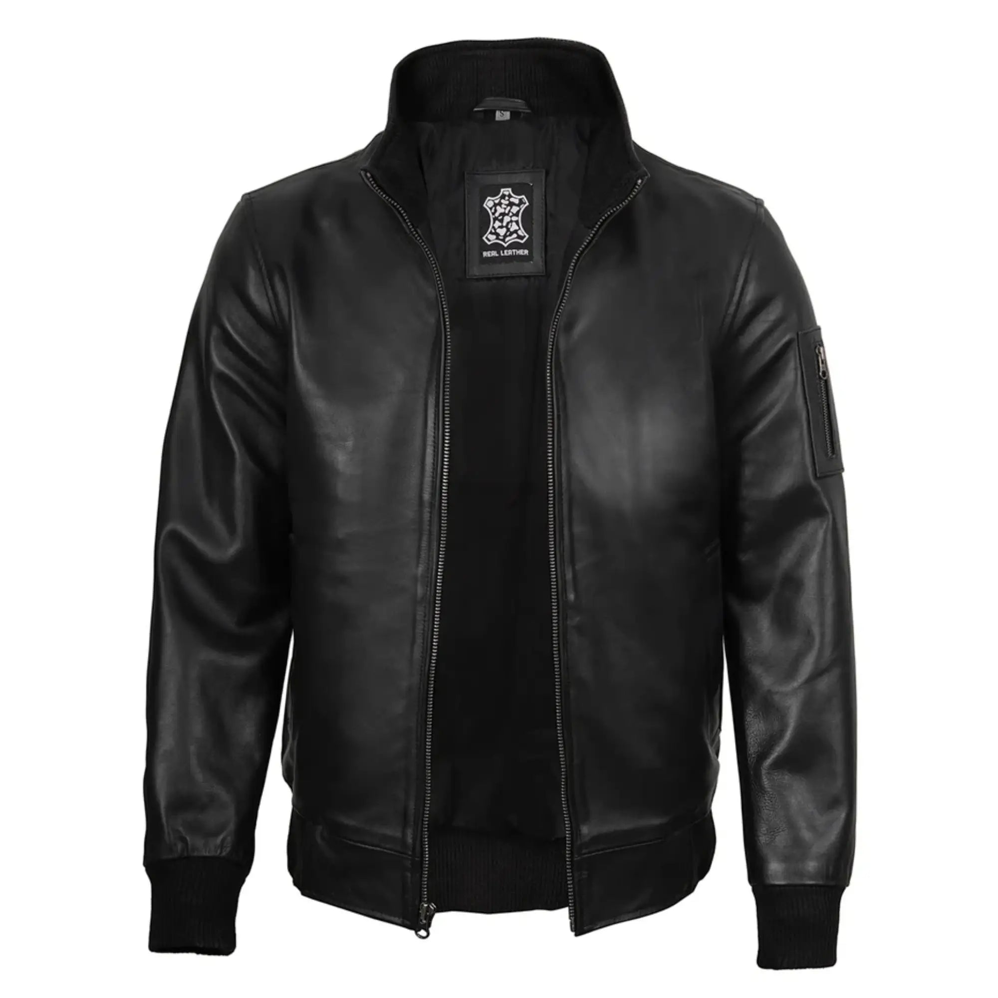 Sowachi Men's Black Sheepskin Leather Bomber Jacket