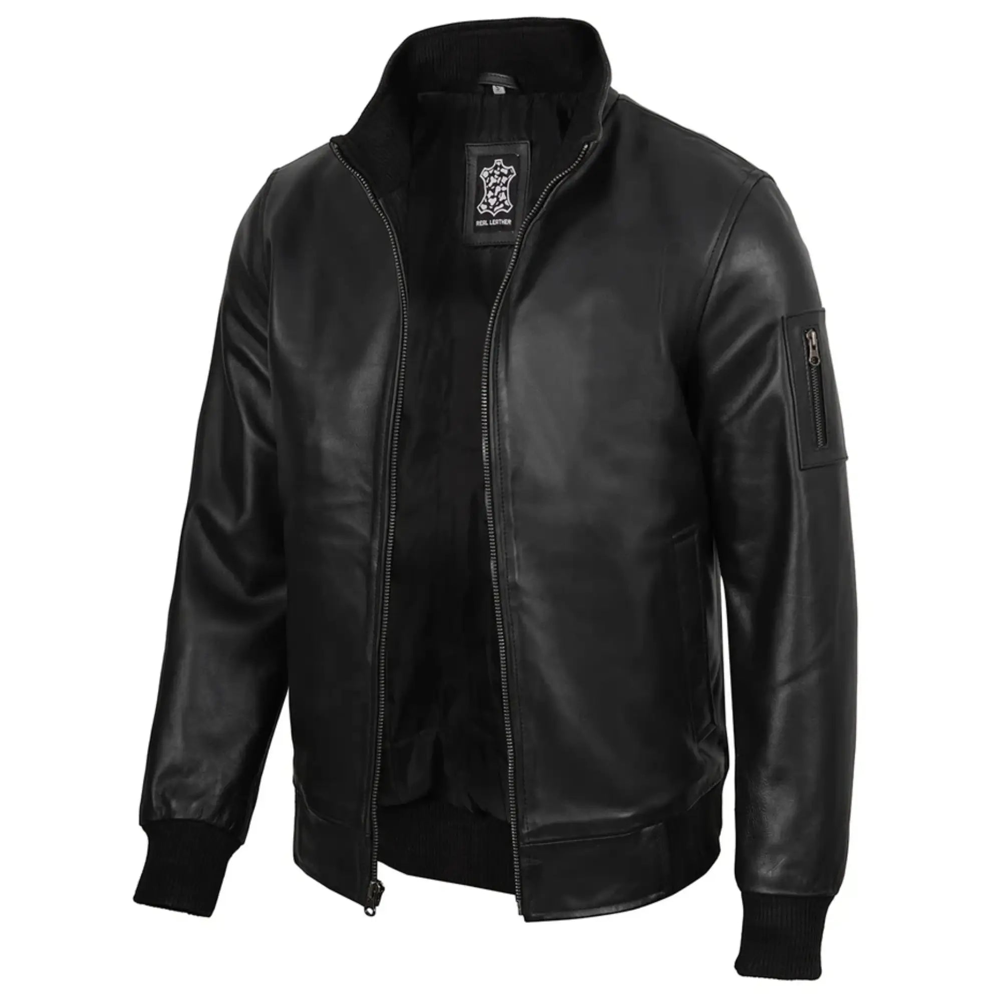 Sowachi Men's Black Sheepskin Leather Bomber Jacket