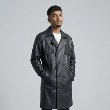 Sowachi Men's Black Sheepskin Leather Trench Coat