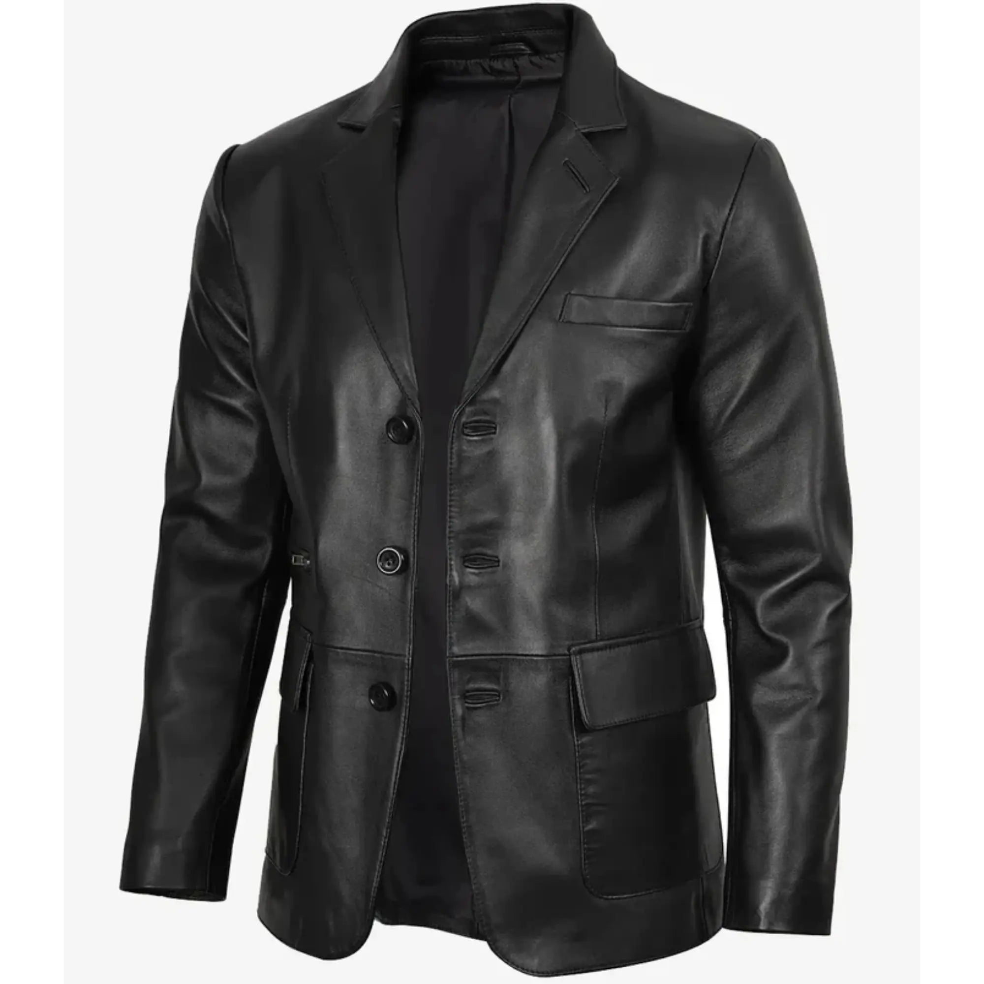 Sowachi Men's Black Three Button Real Leather Blazer