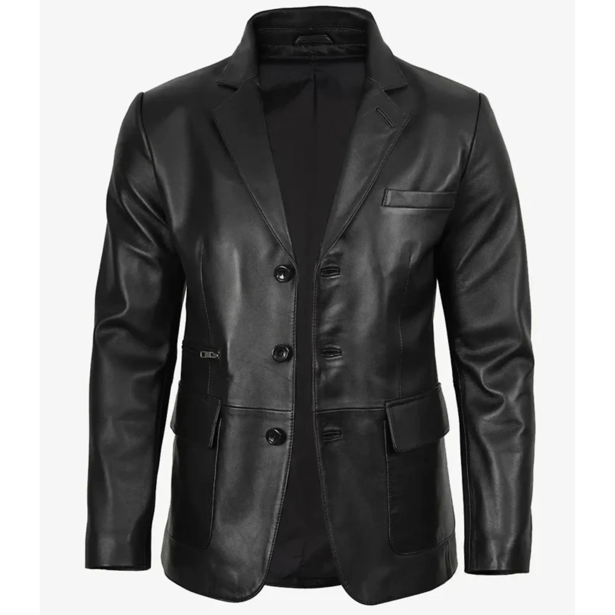 Sowachi Men's Black Three Button Real Leather Blazer
