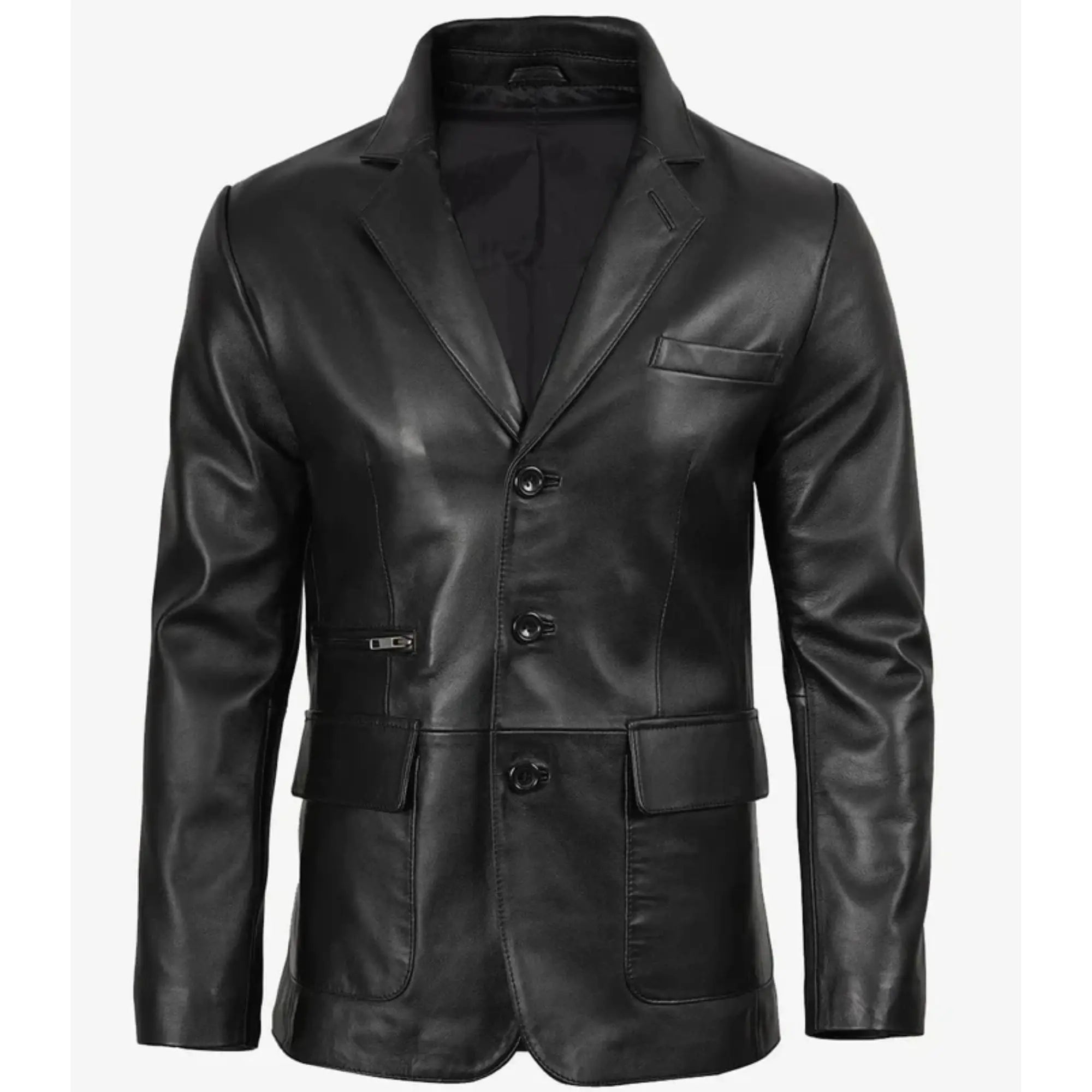 Sowachi Men's Black Three Button Real Leather Blazer