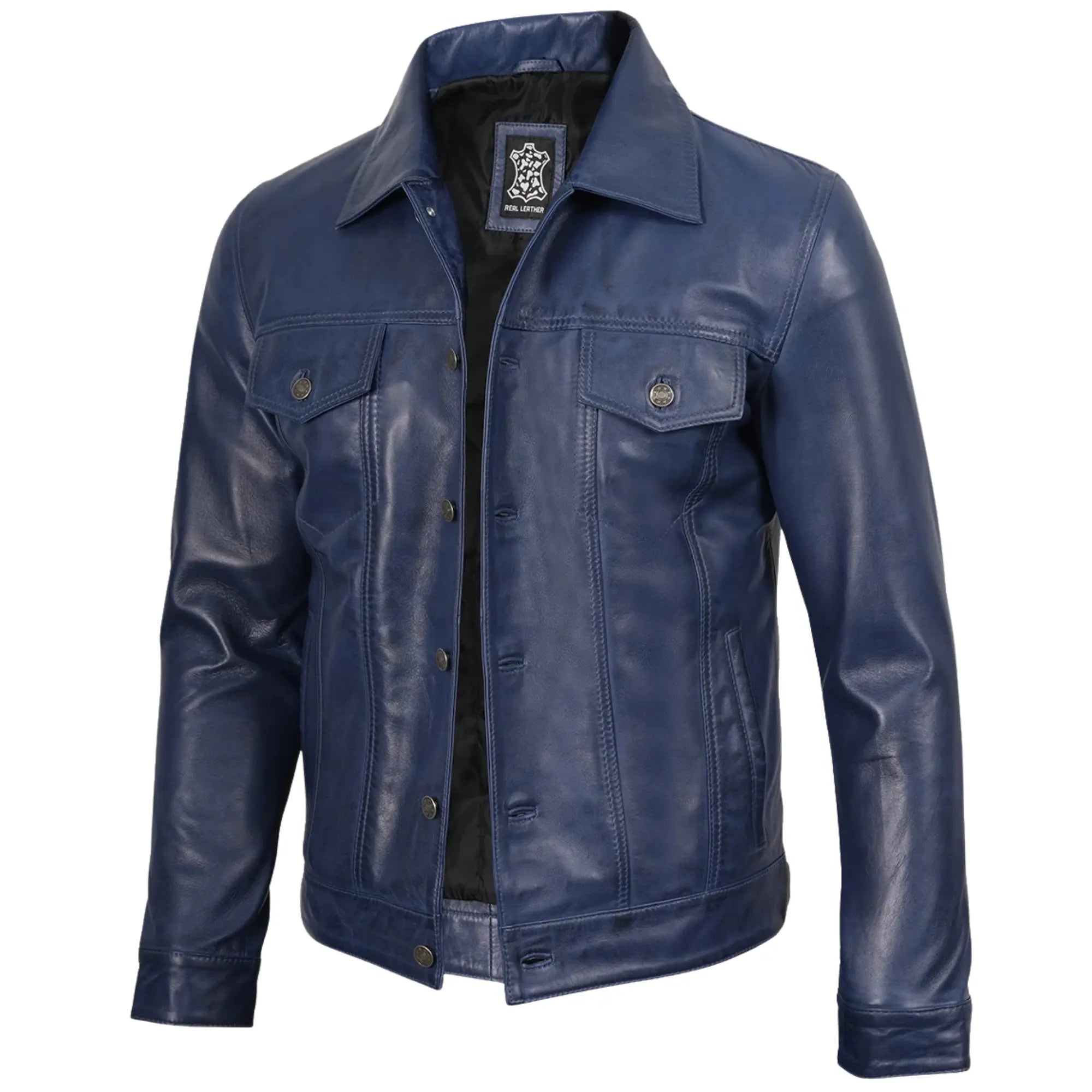 Sowachi Men's Blue Leather Trucker Jacket
