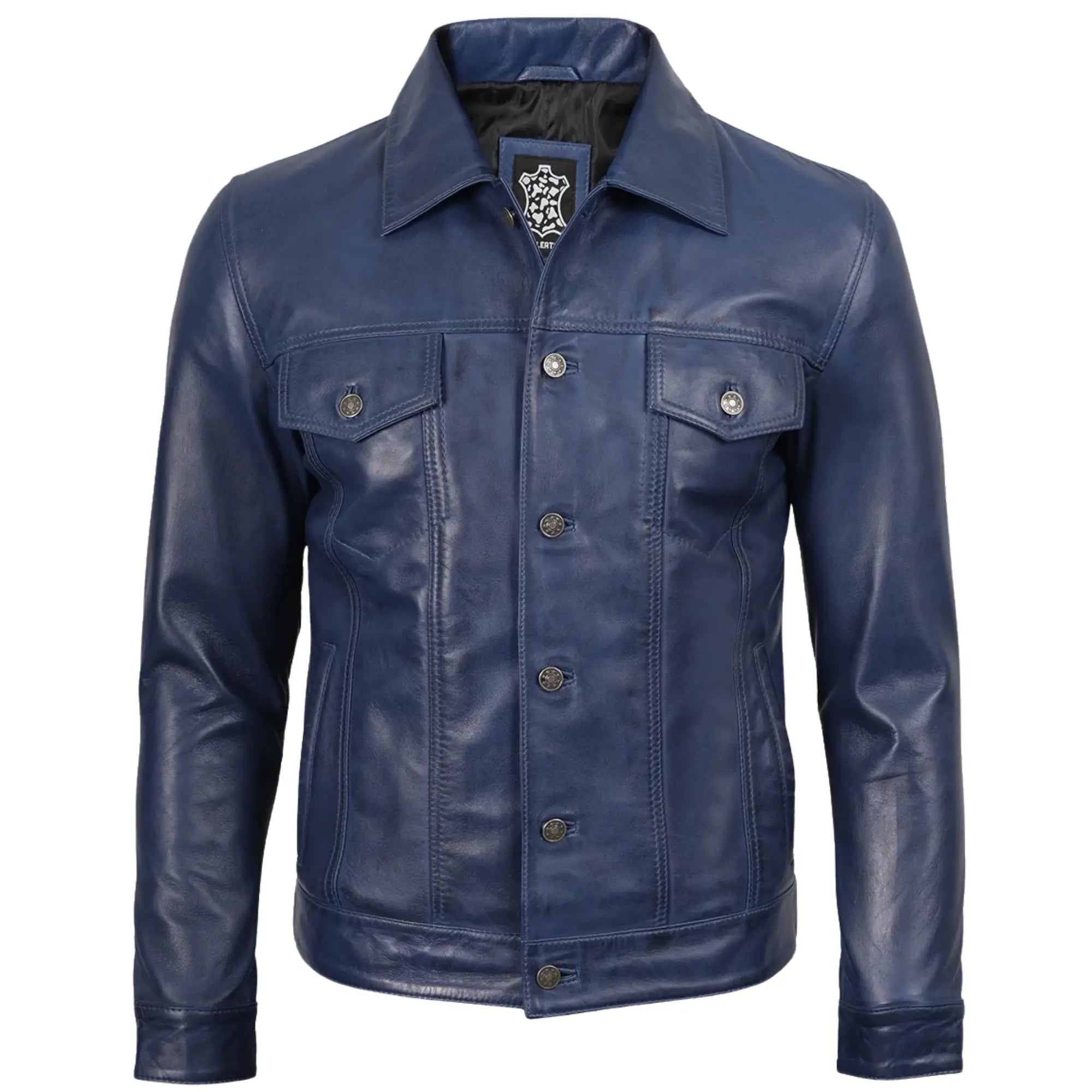 Sowachi Men's Blue Leather Trucker Jacket
