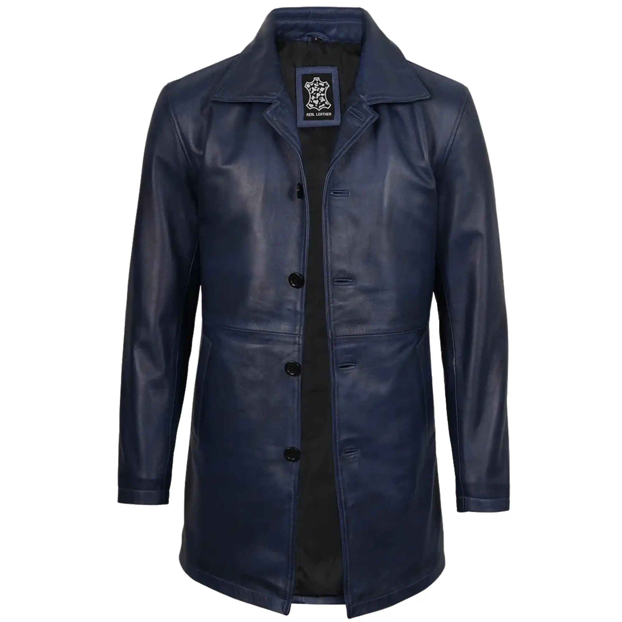Veldran - Men's Blue Waxed Length Leather Car Coat