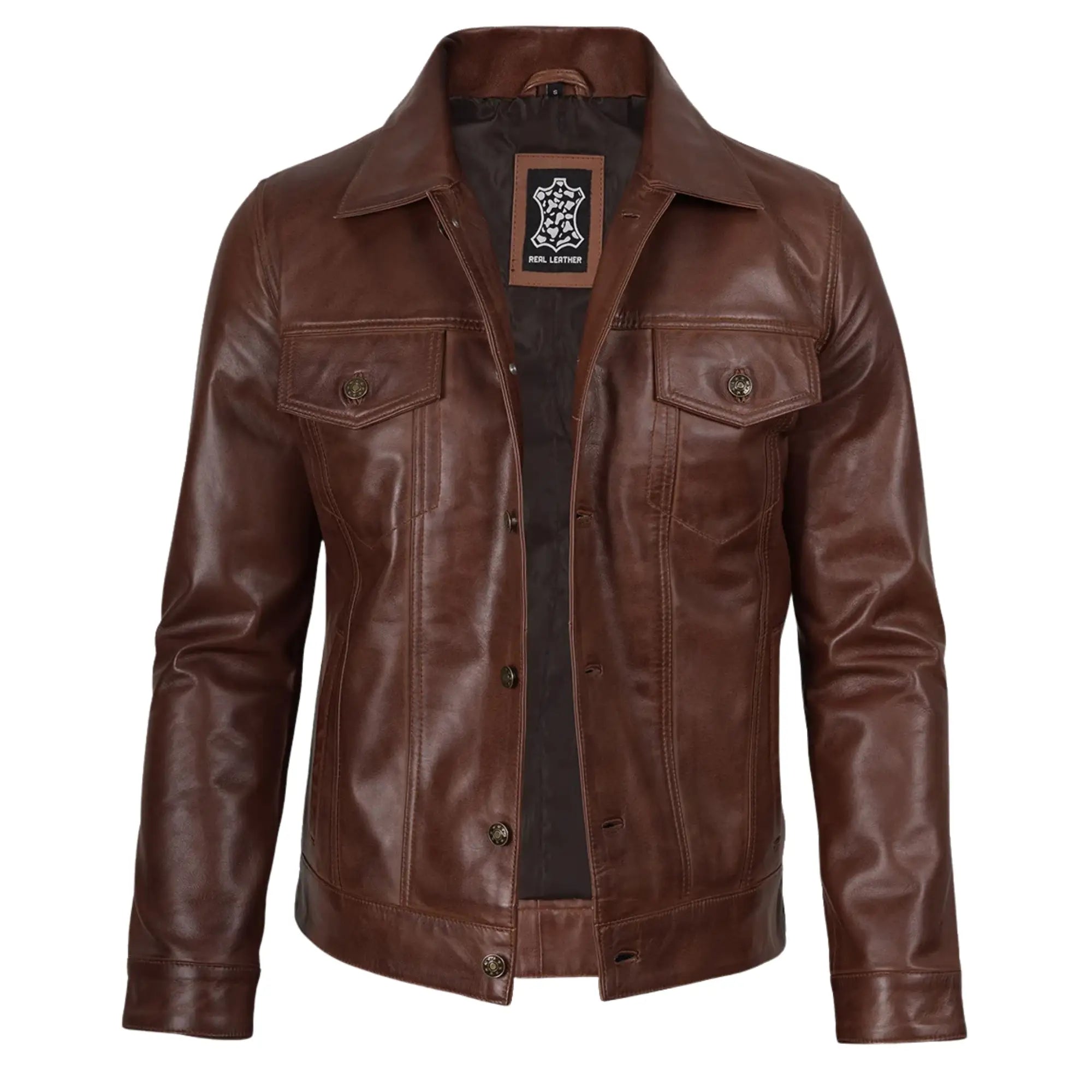 Sowachi Men's  Brown Sheepskin Leather Trucker  Jacket