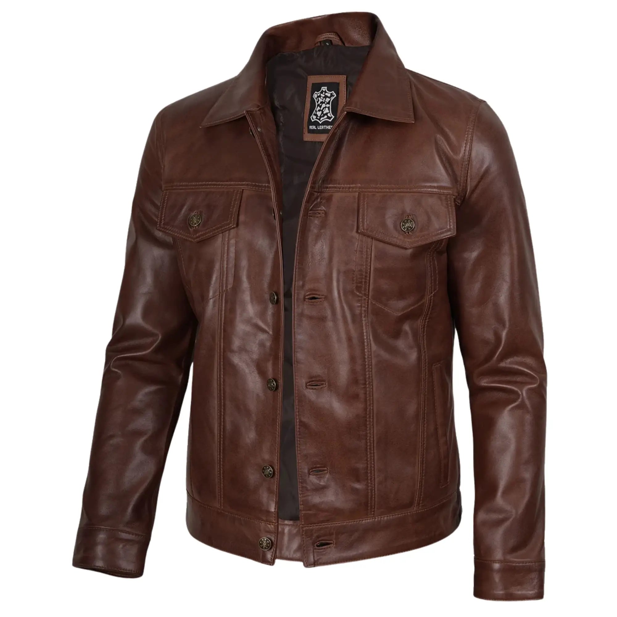 Sowachi Men's  Brown Sheepskin Leather Trucker  Jacket