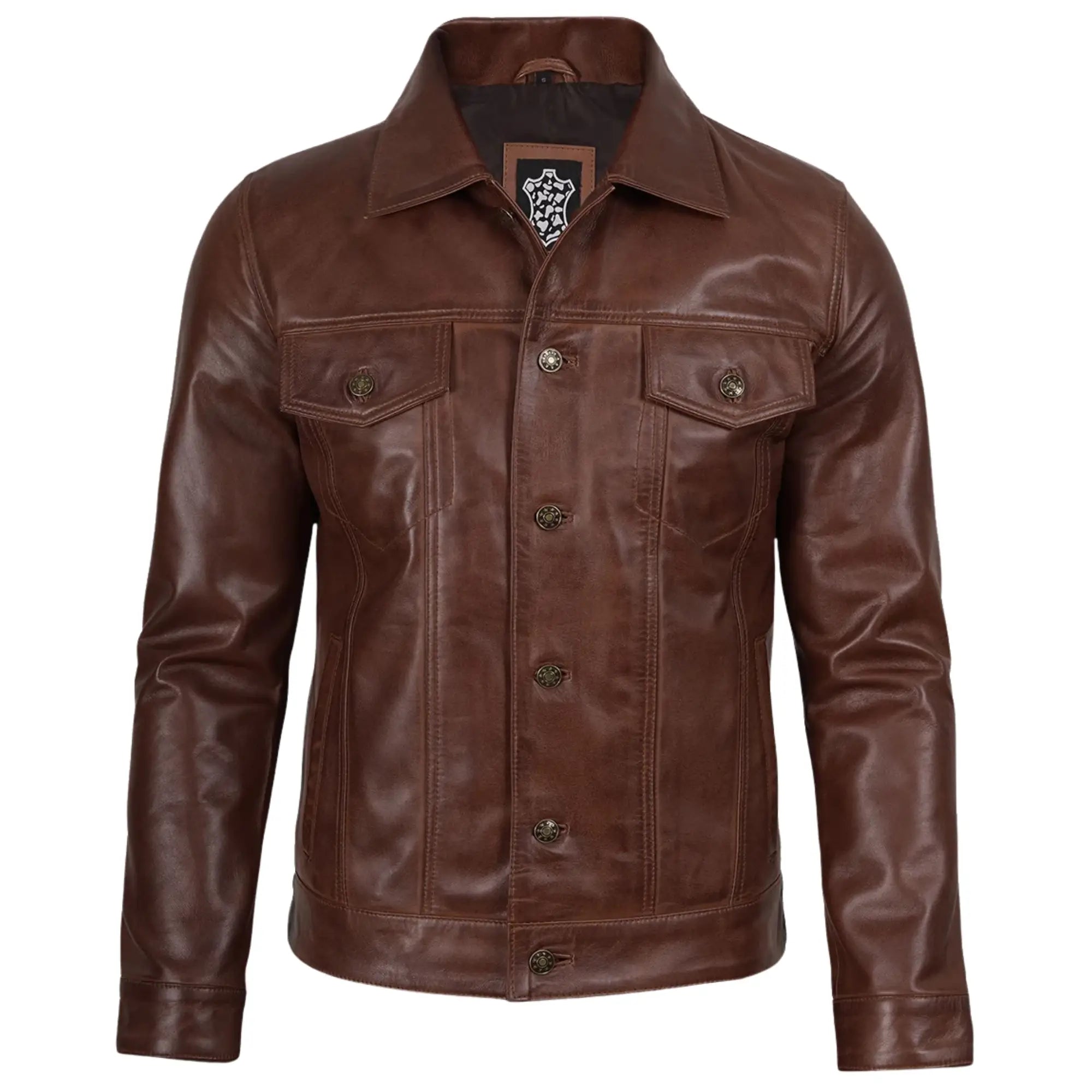 Sowachi Men's  Brown Sheepskin Leather Trucker  Jacket