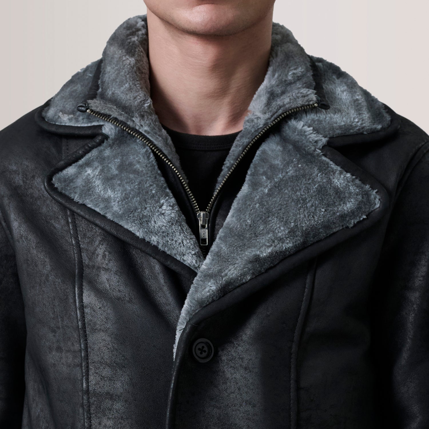 Sowachi Cai Distressed Black Leather Shearling Coat