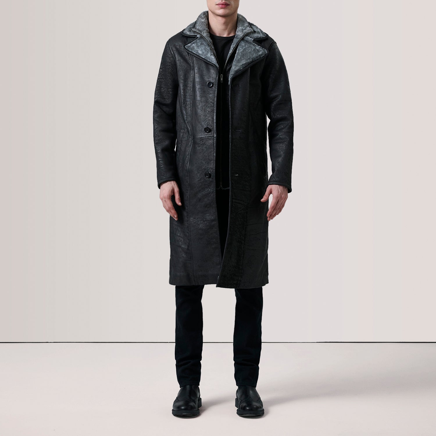 Sowachi Cai Distressed Black Leather Shearling Coat